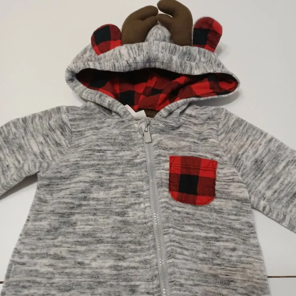 Cat & Jack Baby 12M‎ Romper Gray Heathered Stretch Buffalo Plaid Ears Horns Zip